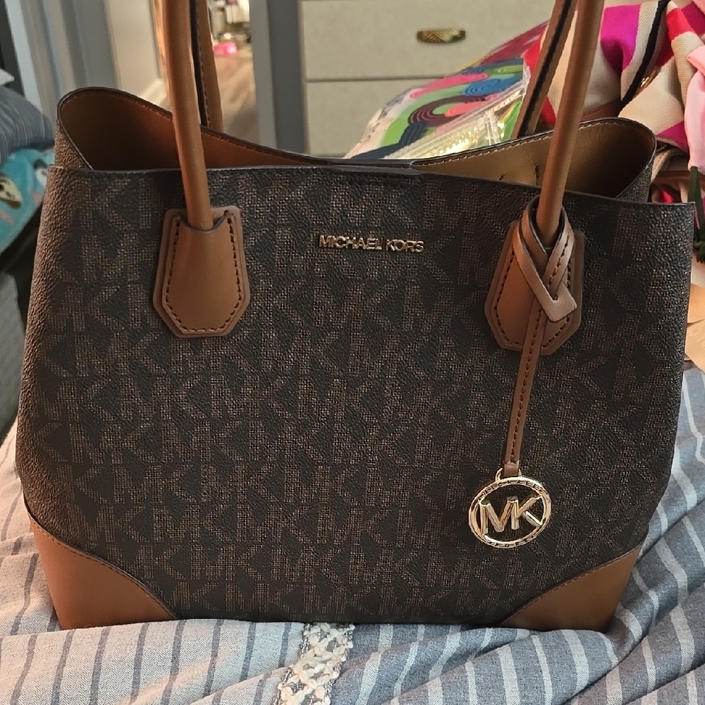 Michael Kors Brown Monogram Tote with Leather Trim